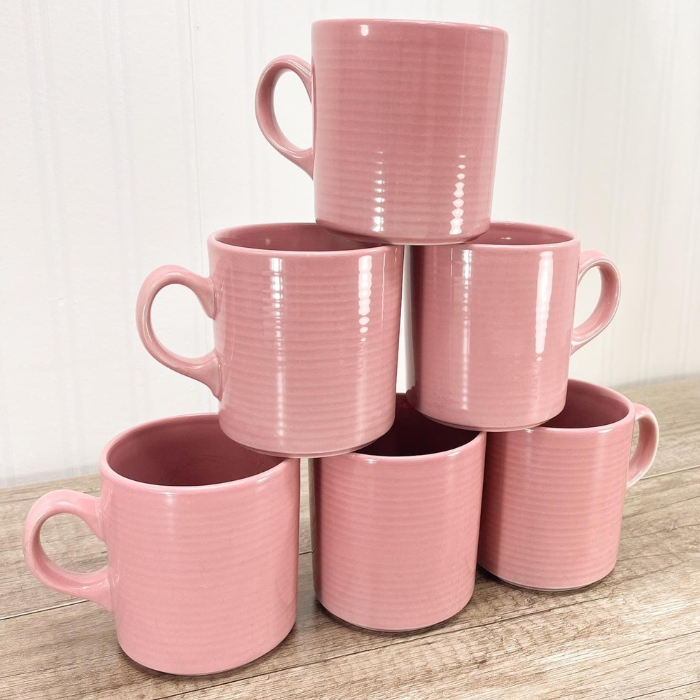 Pink Ribbed Stoneware Coffee Cup Set of‎ 6: Vintage Mug Set